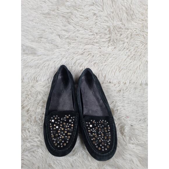 Vionic Shoes Womens Size 6 Black Suede Loafers Stud Embellished Slip On Flats - Picture 1 of 9